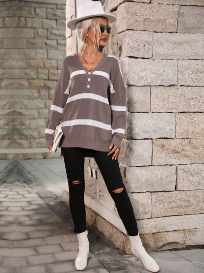 Women's Brown Acrylic Striped Sweater