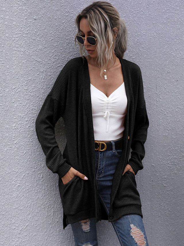 Ribbed Acrylic Cardigan in Black - Nowi Korean Fashion