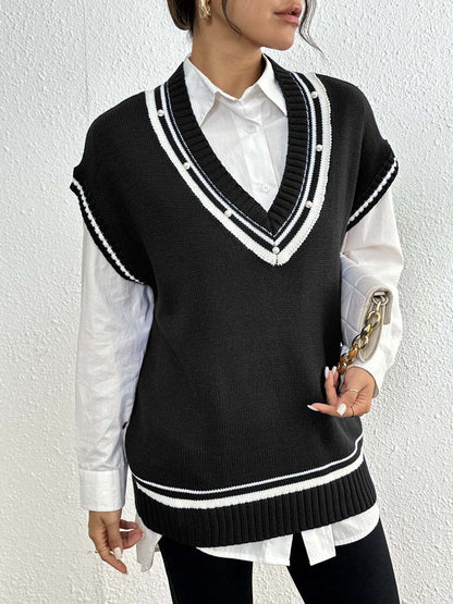 Women Striped Sweater Vest with Embellished Detail