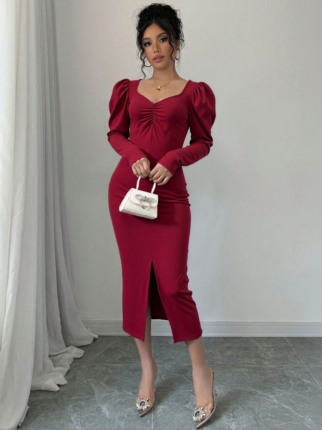 Puff Sleeve Sheath Midi Dress Style 174 - Nowi Korean Fashion