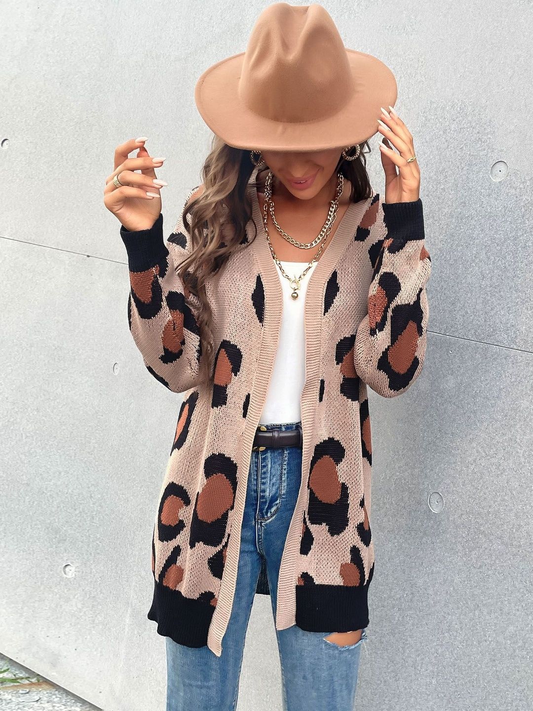 Women's Beige Animal Printed Cardigan