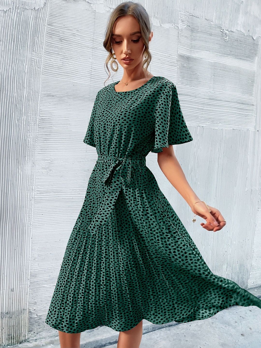 Polka Dot Print Flared Sleeve Fit & Flare Midi Dress