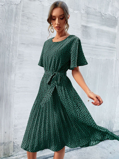 Polka Dot Print Flared Sleeve Fit & Flare Midi Dress