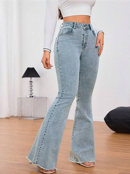 Bootcut High-Rise Light Fade Stretchable Jeans in Blue cotton Style 400 - Nowi Korean Fashion