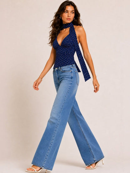 Polka Dot Print Halter Neck Top