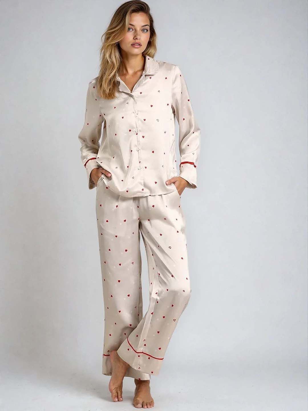 Printed Night suit in Beige Satin Long Sleeve - Nowi Korean Fashion