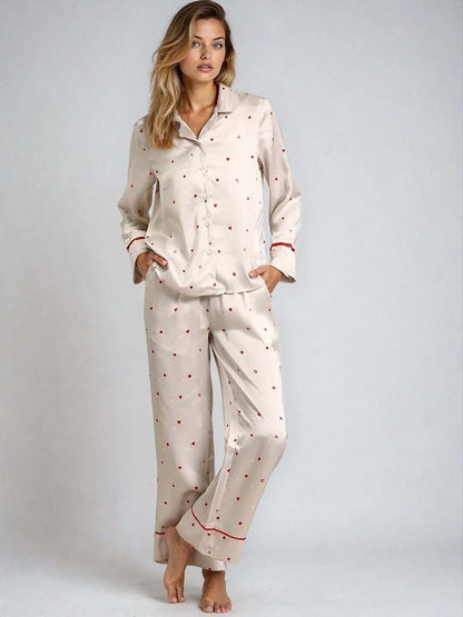 Printed Night suit in Beige Satin Long Sleeve - Nowi Korean Fashion