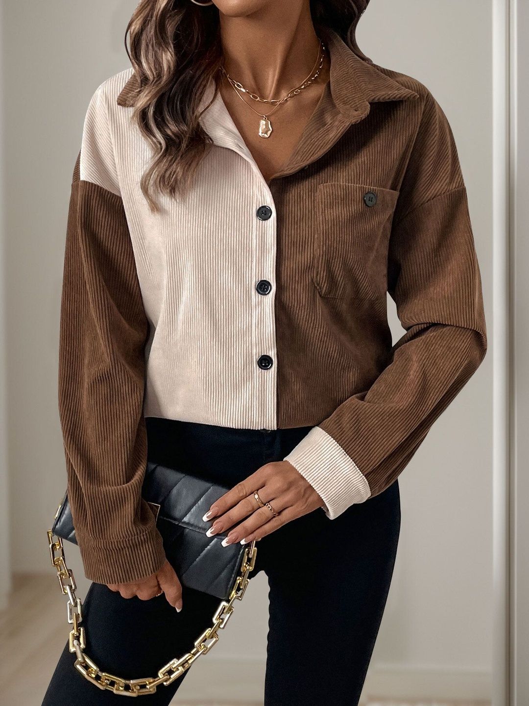 Colourblocked Casual Shirt in Brown Cotton - Nowi Korean Fashion