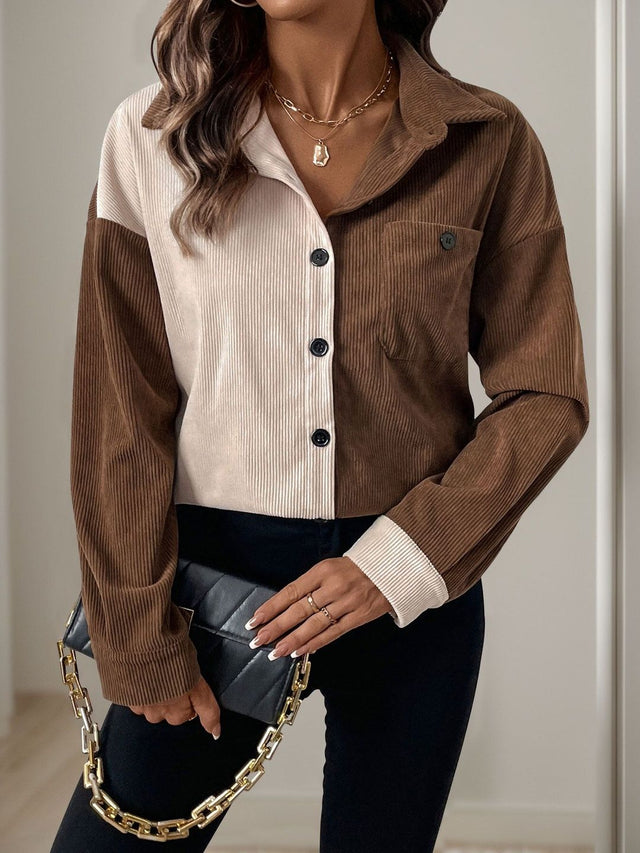 Colourblocked Casual Shirt in Brown Cotton - Nowi Korean Fashion