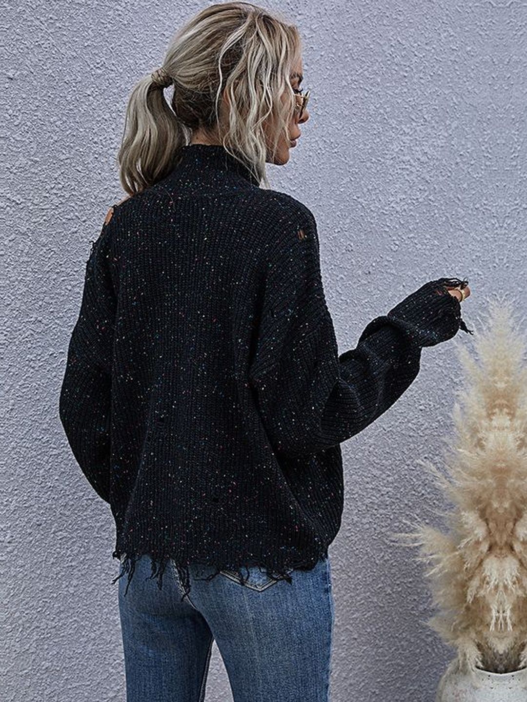 Women's Black Speckled Pullover With Fringed Detail