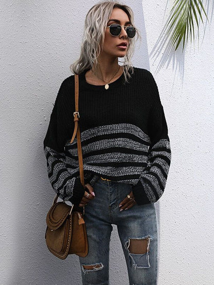Women's Black Striped Pullover Blend Regular Fit