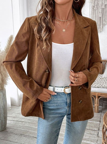 Comfort Fit Double-Breasted Blazer in Brown polyester; corduroy - Nowi Korean Fashion