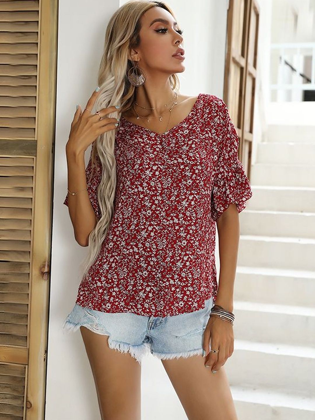 Floral Print Flutter Sleeve Ruffles Cotton Top