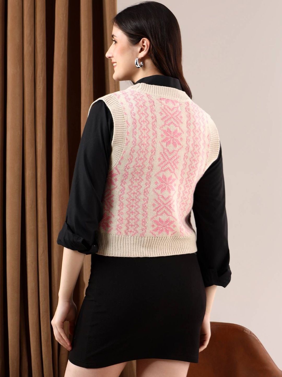 NOWI Women Fair Isle Printed Woollen Sweater Vest