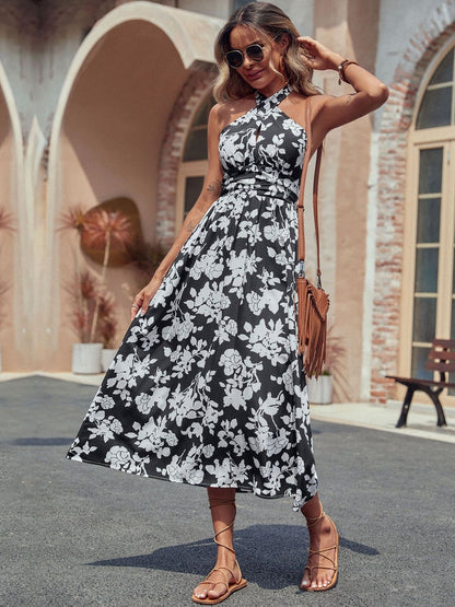 Floral Print Halter Neck Fit & Flare Midi Dress