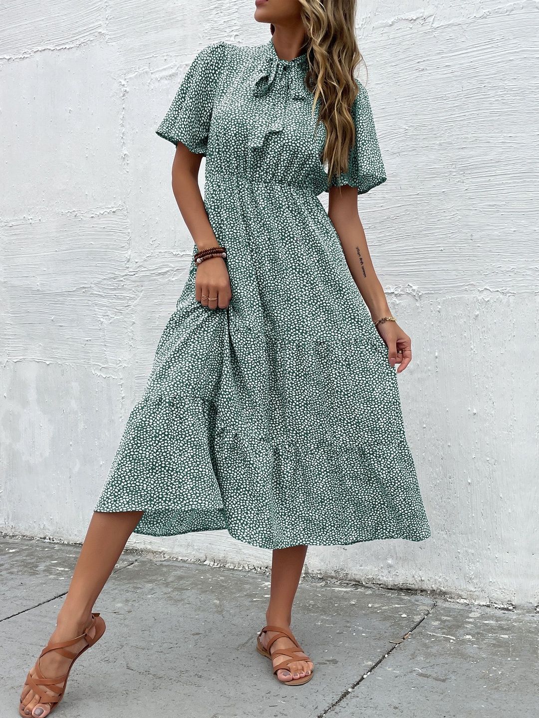 Print Tie-Up Neck Fit & Flare Midi Dress
