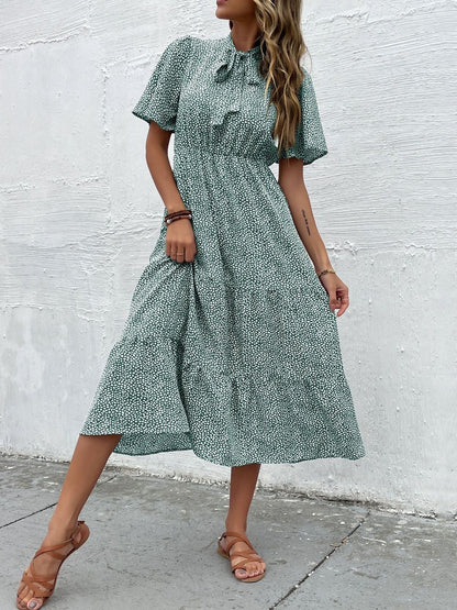 Print Tie-Up Neck Fit & Flare Midi Dress