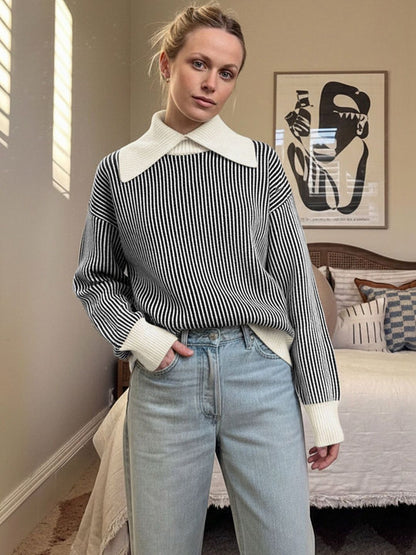 Striped Pullover with Contrast Collar in Black - Nowi Korean Fashion