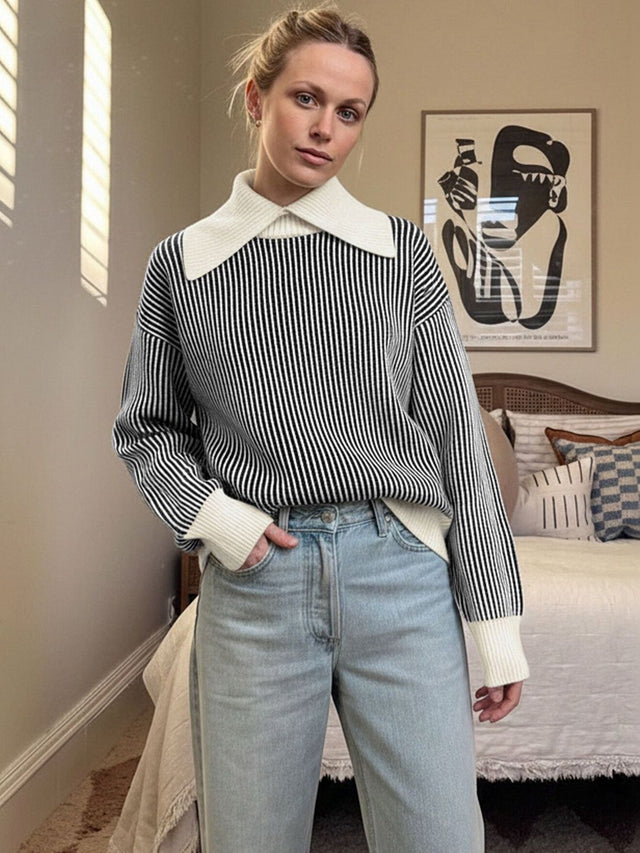 Striped Pullover with Contrast Collar in Black - Nowi Korean Fashion