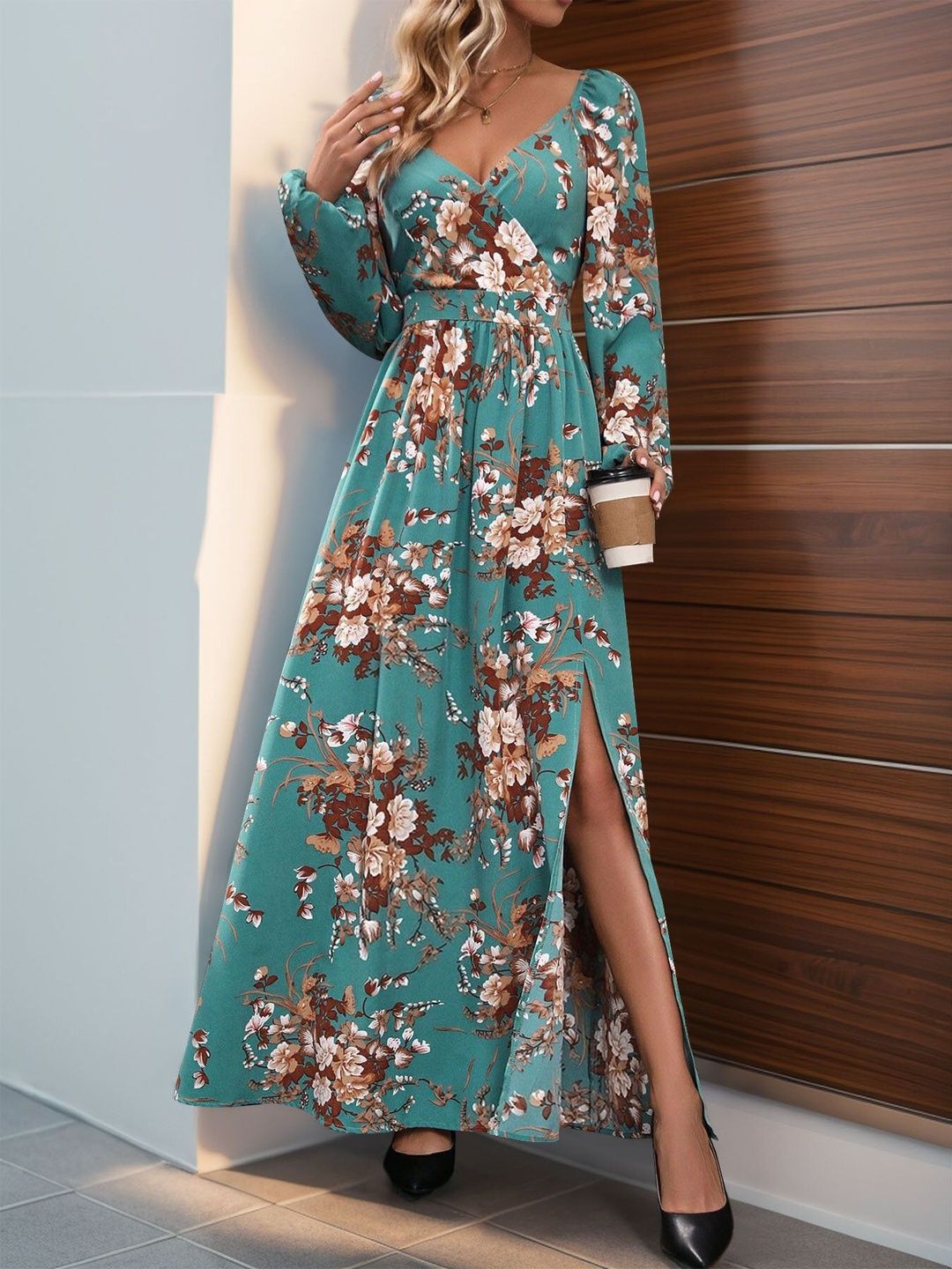 Floral Print Fit & Flare Maxi Dress in Green - Nowi Korean Fashion