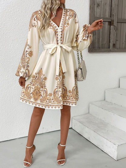 Women's Beige Nowi Print Bishop Sleeve A-Line Dress