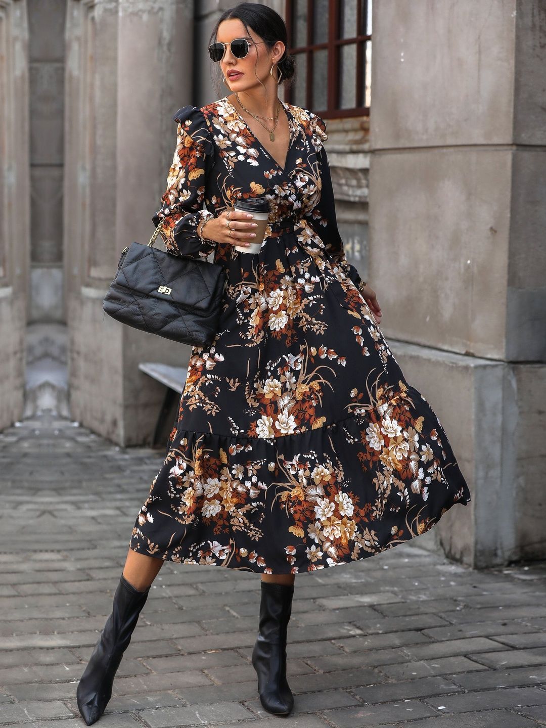 Floral Print Puff Sleeve Ruffled Midi Dress