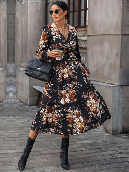 Women's Black Floral Print Puff Sleeve Ruffled Midi Dress