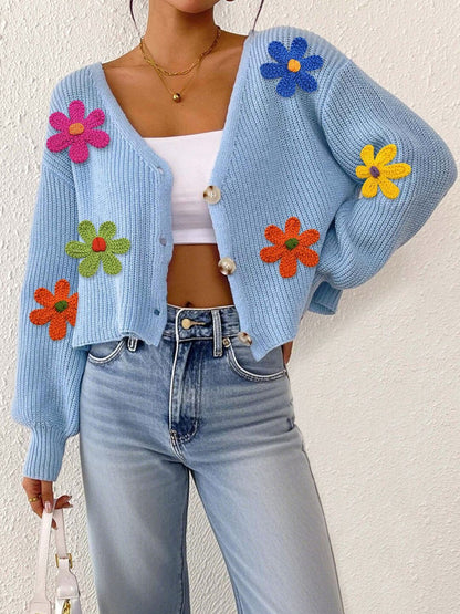 Women Colourblocked Ribbed Crop Cardigan with Applique Detail
