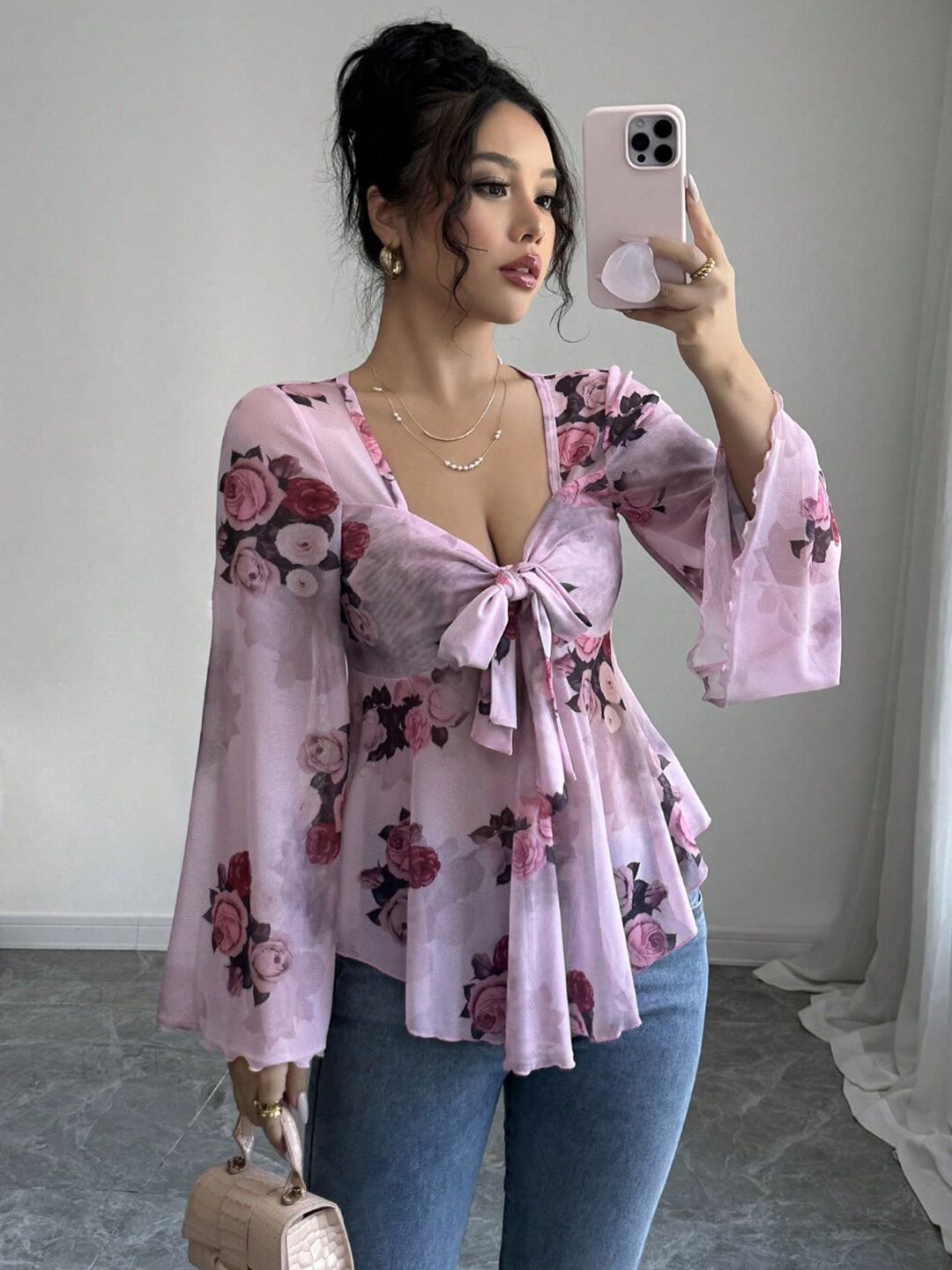 Floral Print Flared Sleeve Top