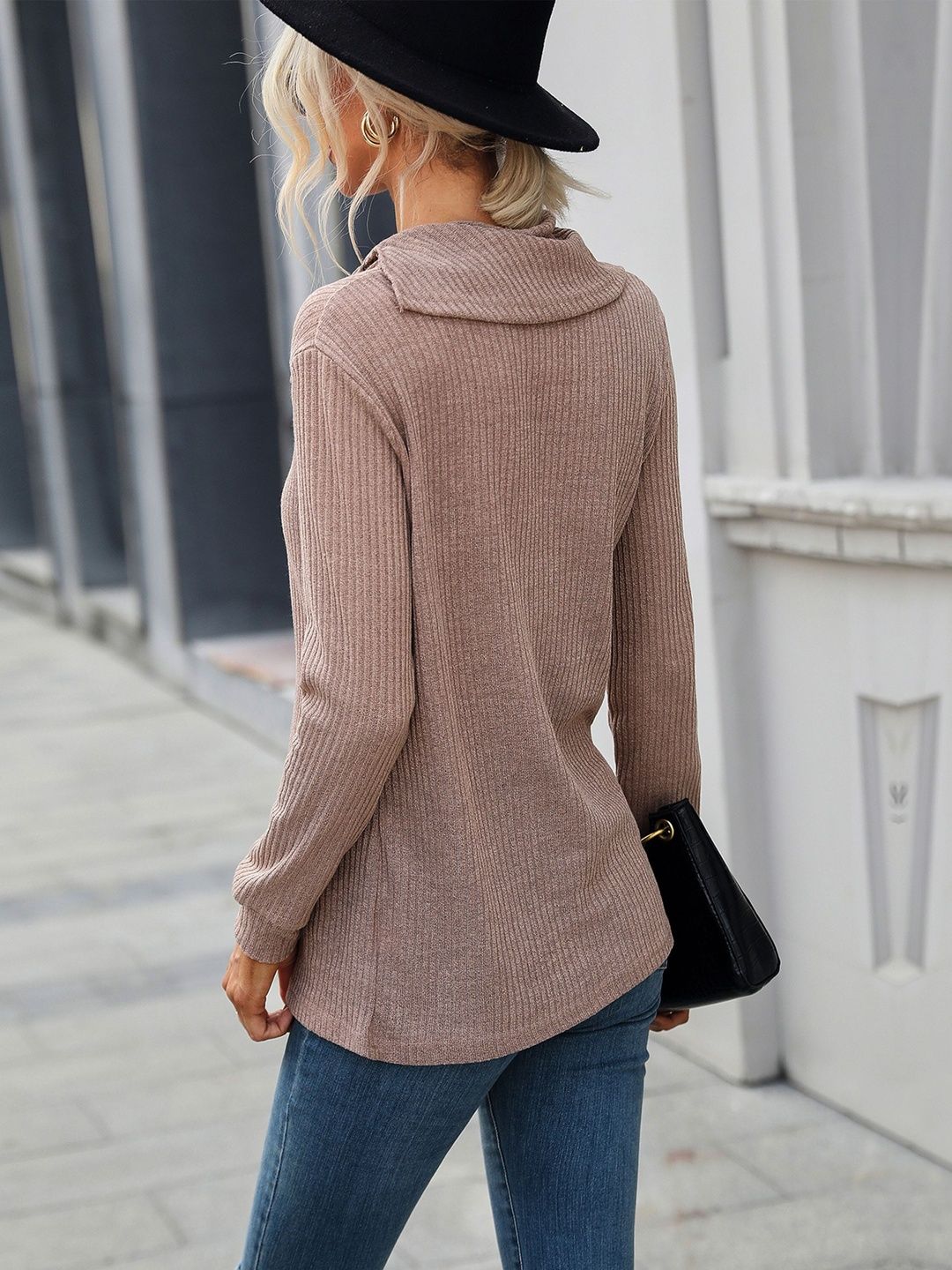 Women's Beige Ribbed Pullover Blend Printed Regular Fit