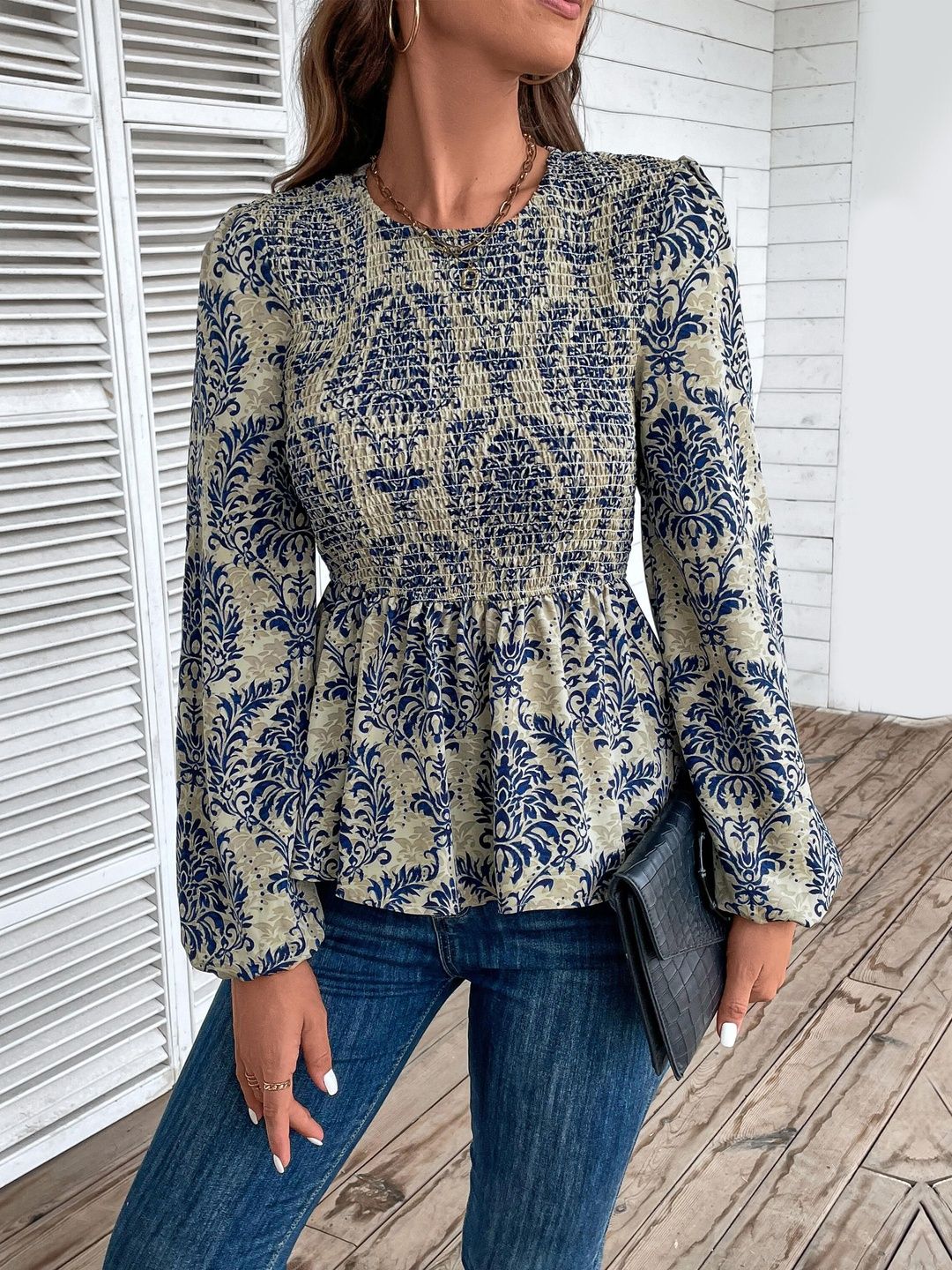 Floral Print Cotton Top in Blue - Nowi Korean Fashion