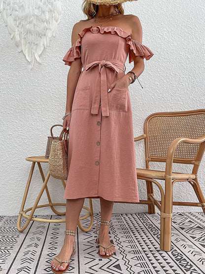 Off-Shoulder Flutter Sleeve Ruffled A-Line Midi Dress