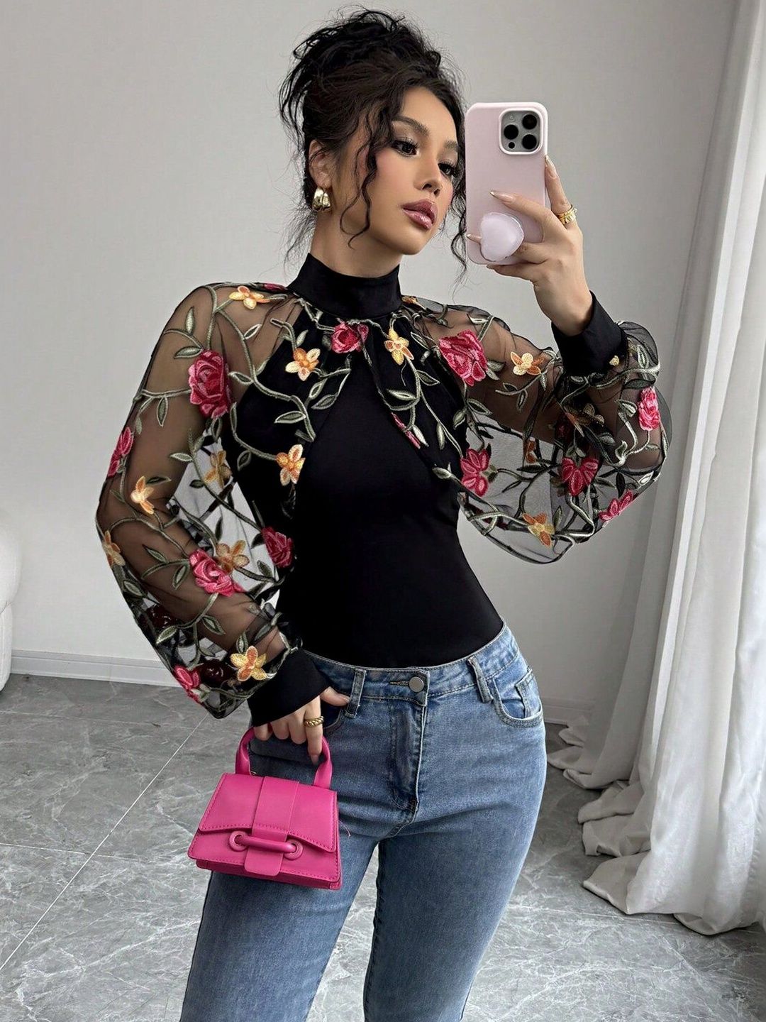 Floral Embroidered Bishop Sleeves Top