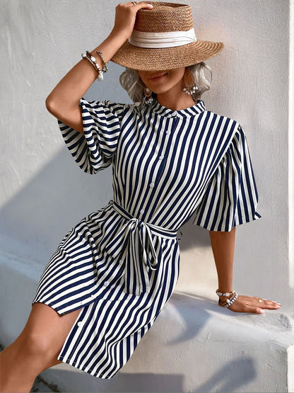 Striped Puff Sleeve Shirt Dress