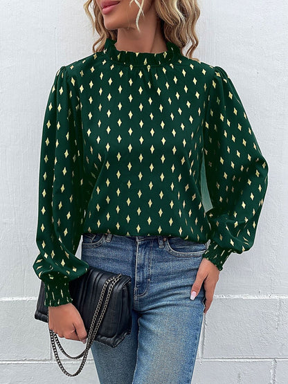 Women's Green Geometric Print Puff Sleeve Ruffles Top
