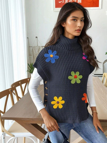 Colourblocked Ribbed Sweater Vest with Applique Detail in Blue acrylic - Nowi Korean Fashion