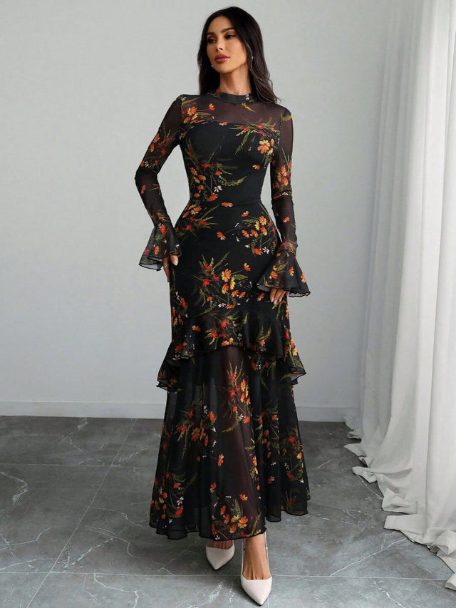 Floral Print Flared Sleeve Ruffled Sheath Maxi Dress