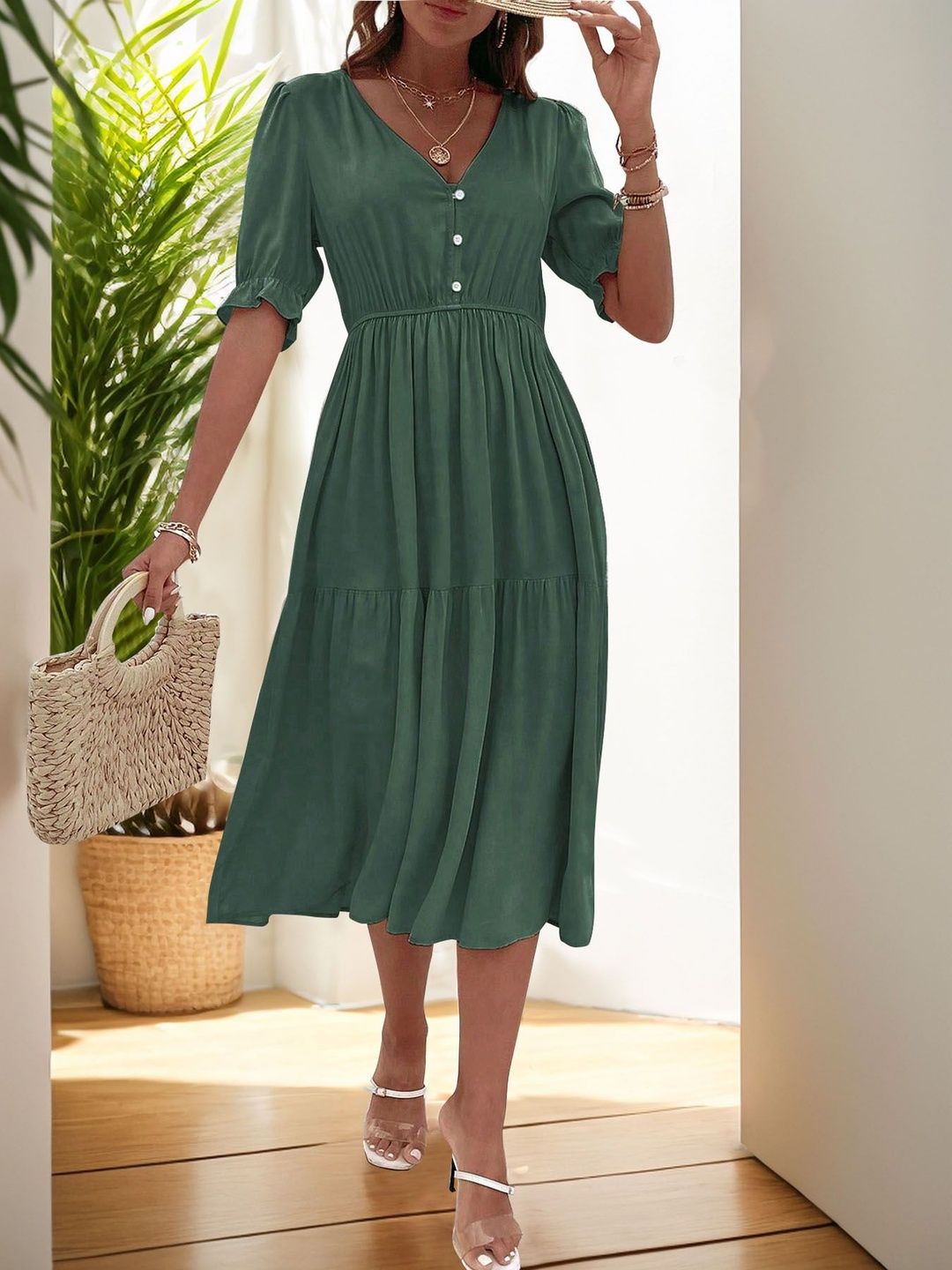 Puff Sleeve Fit & Flare Midi Dress