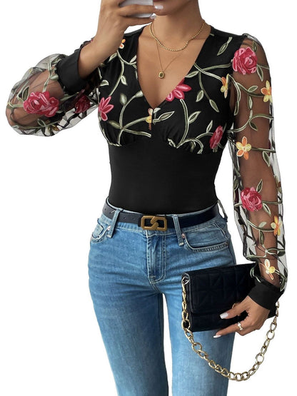 Embroidered V-Neck Bodysuit in Black nylon - Nowi Korean Fashion