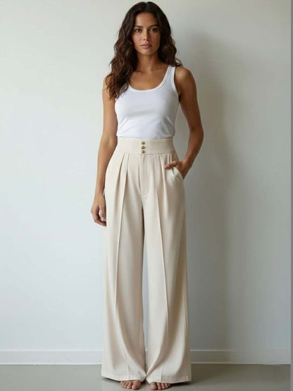 Straight Fit High-Rise Wrinkle Free Pleated Trousers in Beige polyester - Nowi Korean Fashion