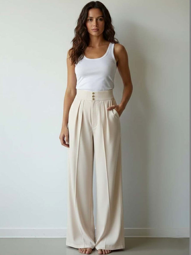 Straight Fit High-Rise Wrinkle Free Pleated Trousers in Beige polyester - Nowi Korean Fashion