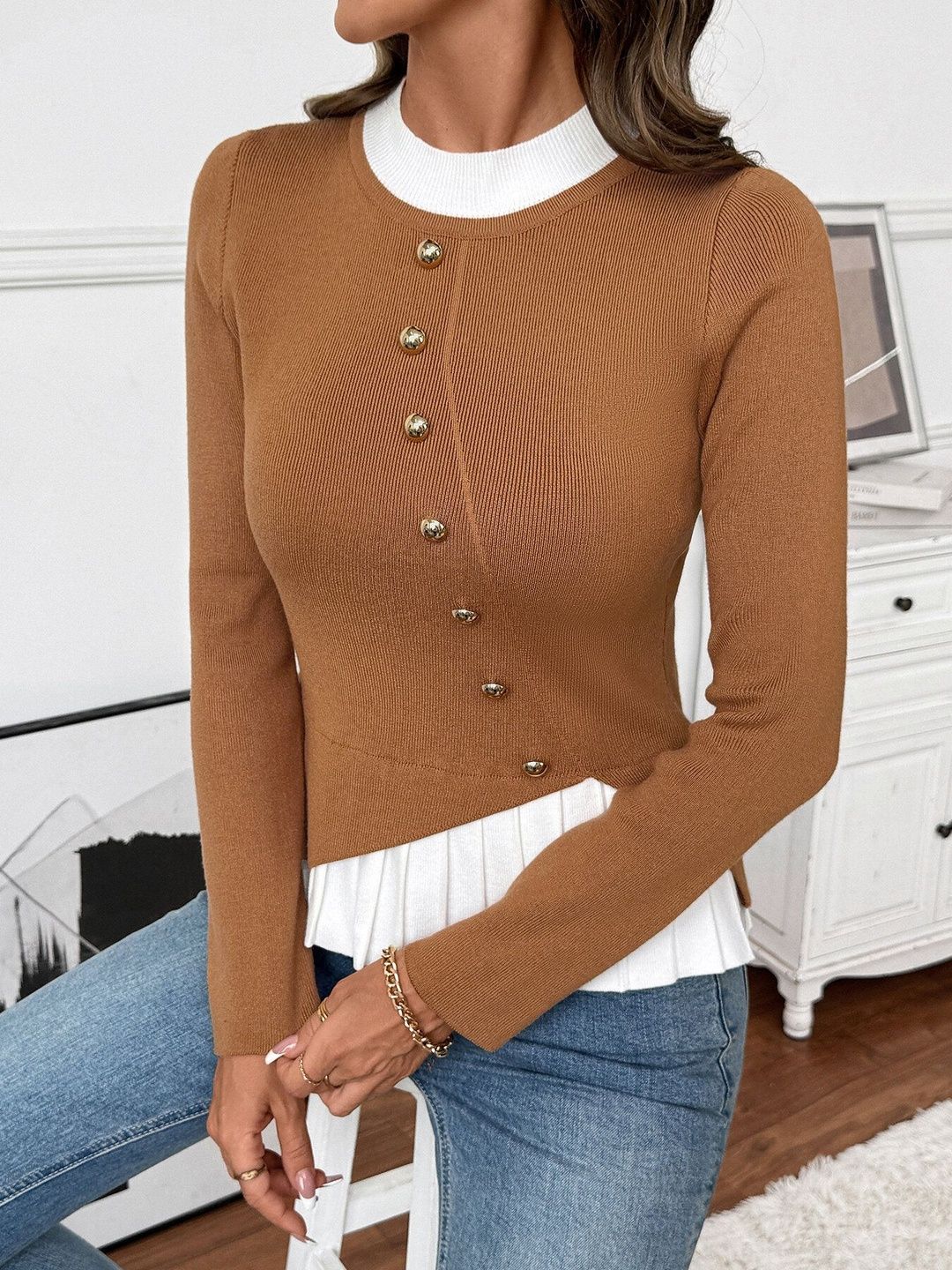 Ribbed Pullover in Brown Style 707 - Nowi Korean Fashion