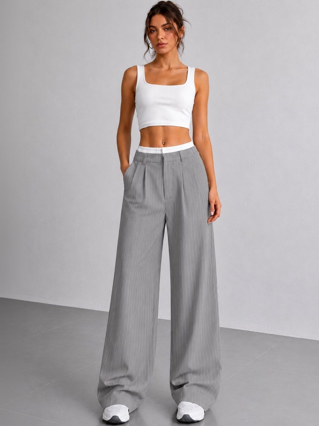 Women Striped Relaxed High-Rise Wrinkle Free Pleated Trousers