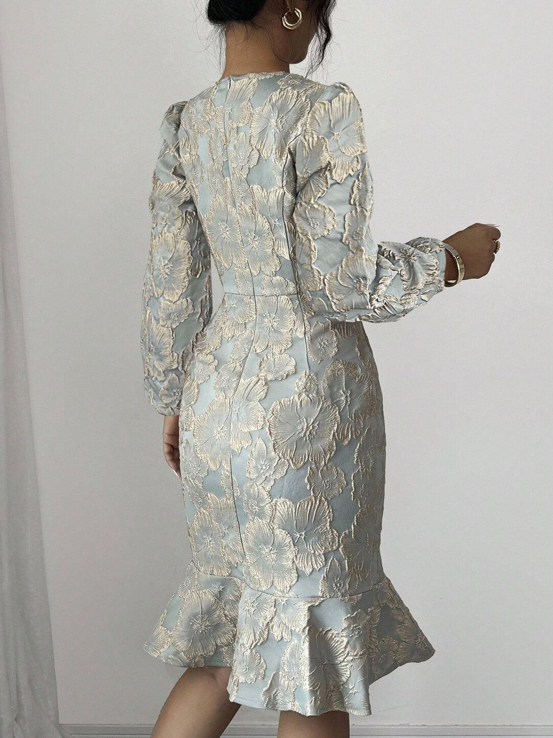 Bishop Sleeve Ruffled Sheath Midi Dress