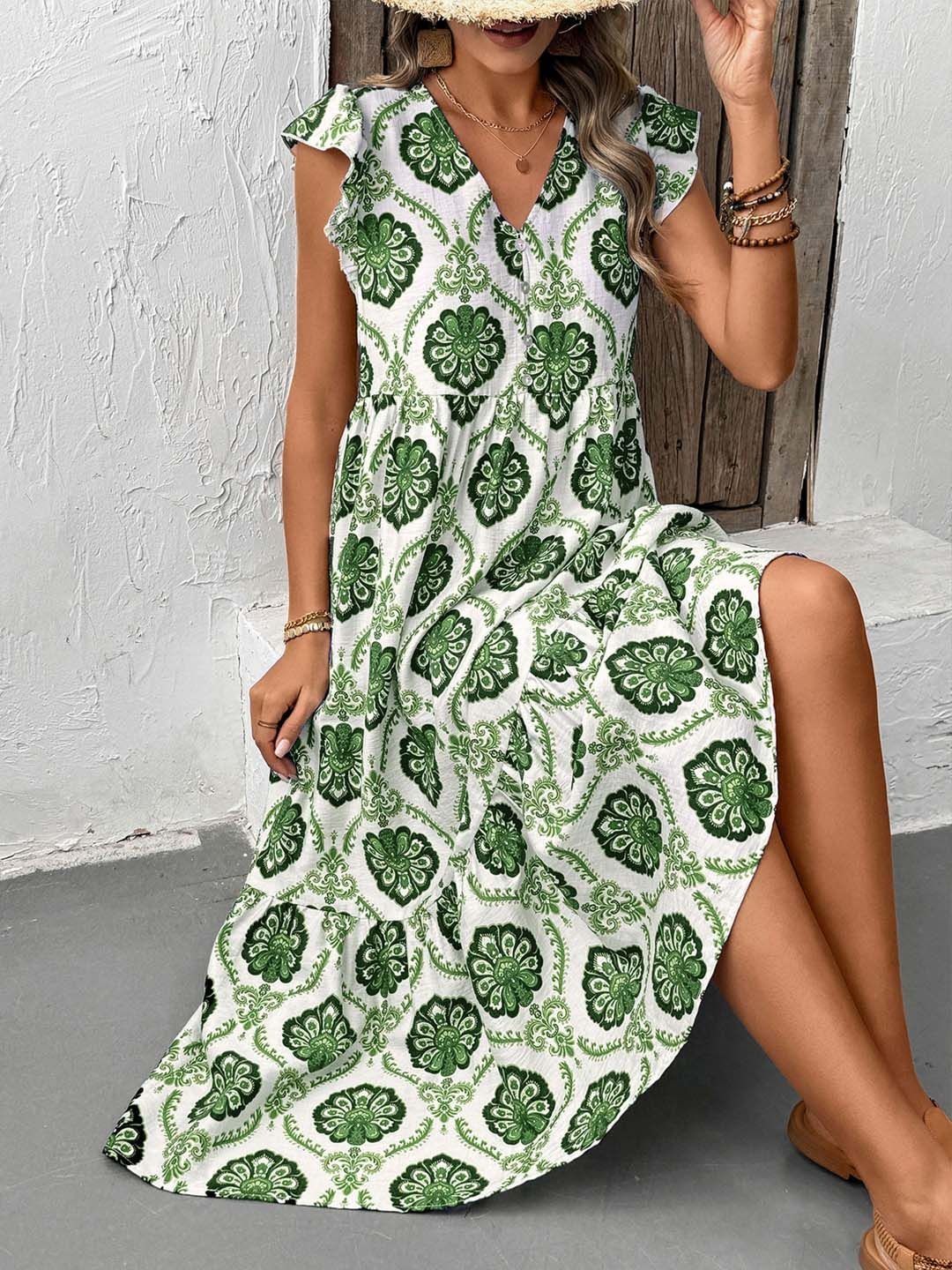 Bohemian Ethnic Motif Flutter Sleeve Midi Dress