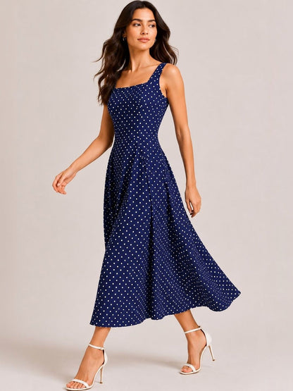Polka Dot Print Satin A-Line Midi Dress