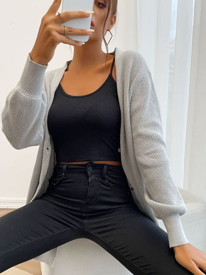 Women's Grey Ribbed Cardigan Blend Printed Regular Fit