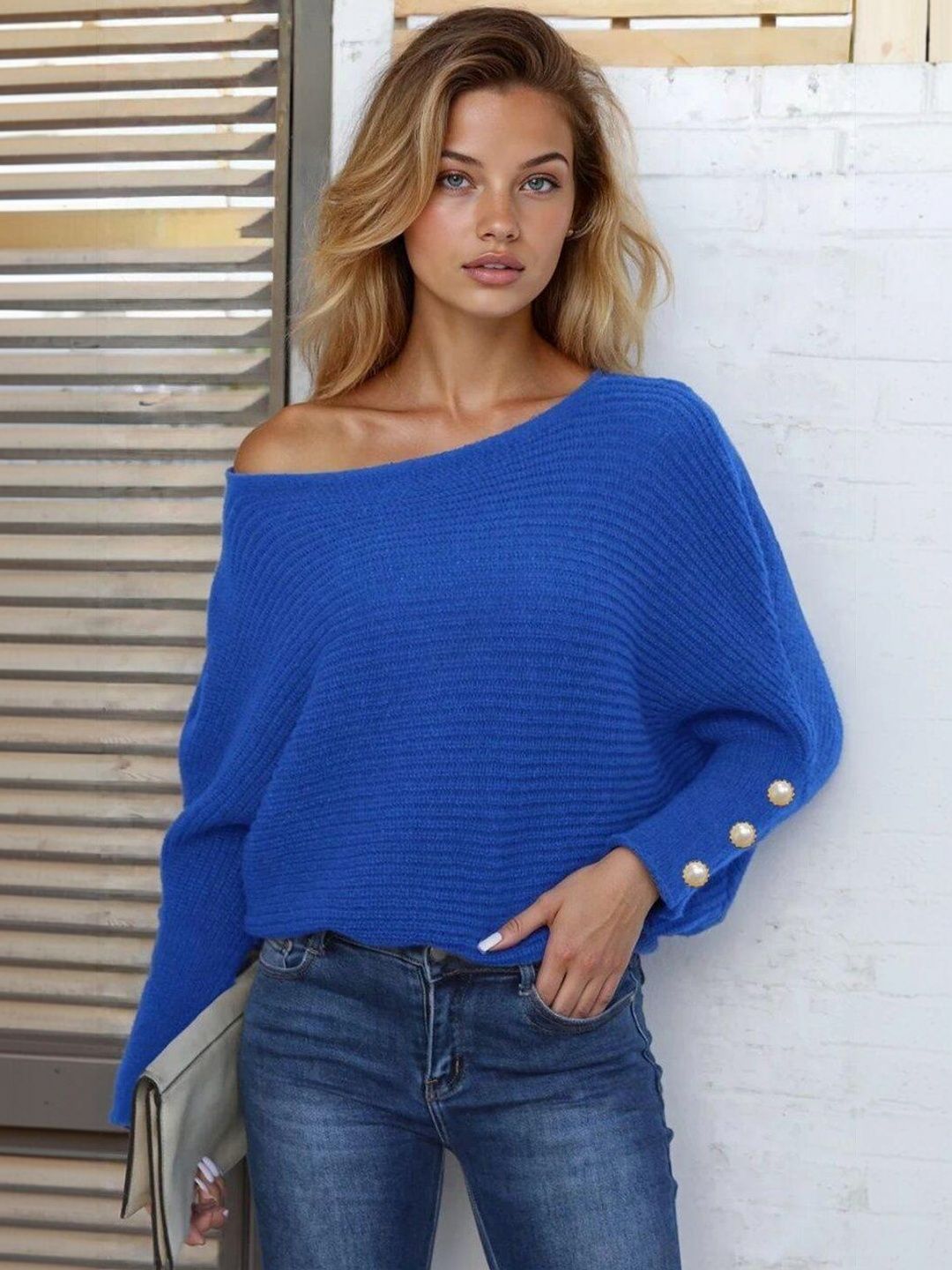 Ribbed Pullover in Blue acrylic Long Sleeve - Nowi Korean Fashion