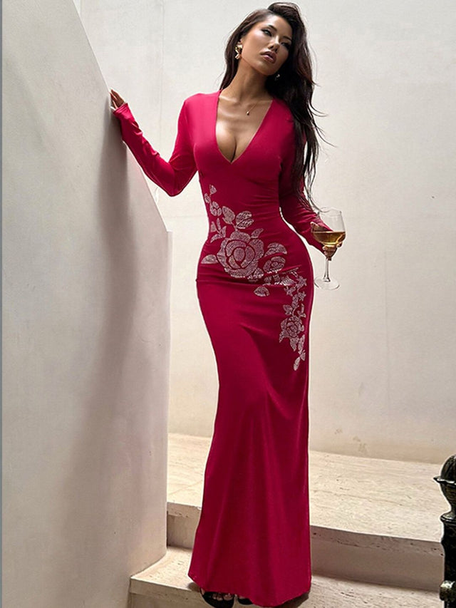 Floral Sheath Maxi Dress in Red polyester - Nowi Korean Fashion