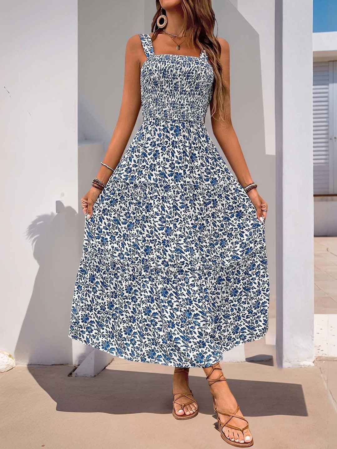 Floral Print A-Line Midi Dress in White - Nowi Korean Fashion